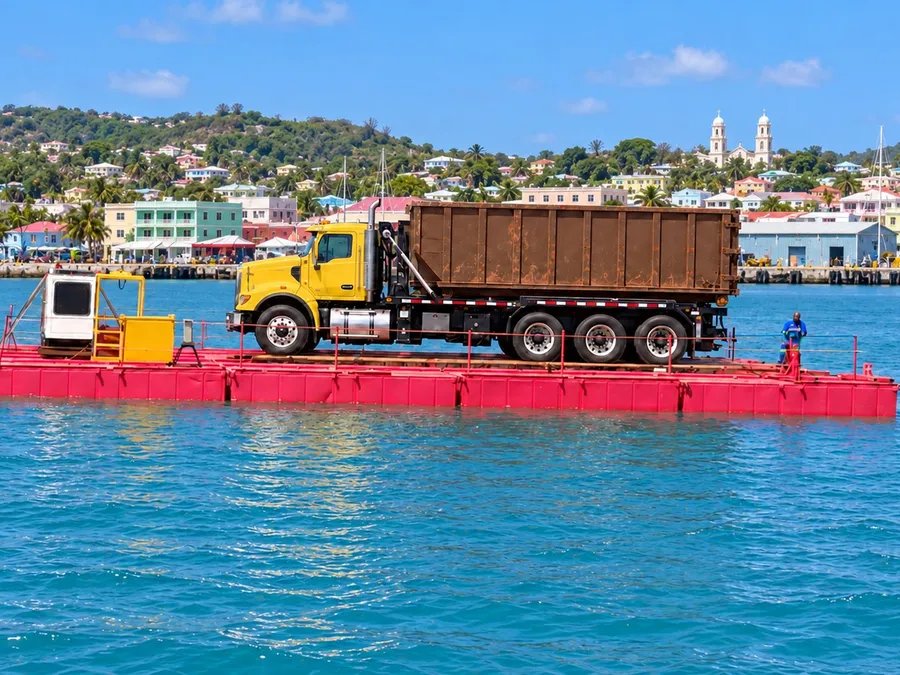 Island Sanitation Plus truck and equipment barge in St. John’s Harbour, Antigua