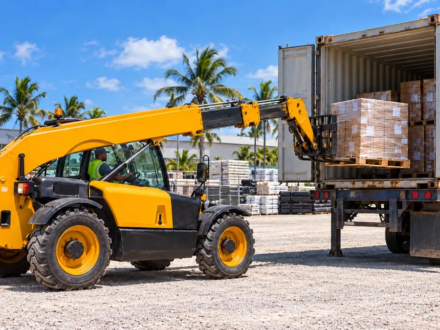 Telescopic forklift unloading palletised cargo from a shipping container, palm trees behind